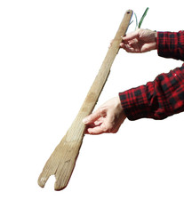 LRG 31,25 PULGADAS PRIMITIVO ANTIGUO TALLADO A MANO Y PERFORADO HERRAMIENTA DE PALO DE LAVANDERÍA DE MADERA segunda mano  Embacar hacia Mexico