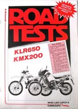 Folheto de reimpressões de teste de estrada de motocicletas KAWASAKI KLR650 e kmx200 1980 comprar usado  Enviando para Brazil