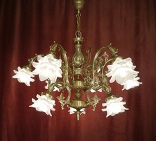 lustre grande 2 camadas 9 chamas latão cetim fino pedal rosa vidro c. 1970 comprar usado  Enviando para Brazil