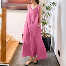 Vestido feminino com bolsos soltos de algodão e linho gola redonda vestido sem mangas comprar usado  Enviando para Brazil