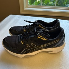 Sapatos de quadra ASICS Gel Rocket 10 masculino tamanho 11.5 em excelente estado usado preto ouro puro com cadarço comprar usado  Enviando para Brazil