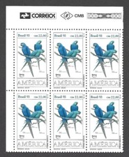Selos do Brasil 1993 Aves da Amazônia Brasileira, arara azul, sem marca de charneira x 6, usado comprar usado  Brasil 