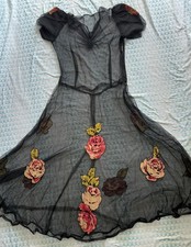 Usado, Vestido vintage da década de 1930 com flores bordadas tafetá/tule - lindo preto comprar usado  Enviando para Brazil
