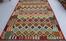 Alfombra de área Kilim geométrica 7x10/alfombra roja azul de tejido plano tintes vegetales para sala de estar segunda mano  Embacar hacia Argentina