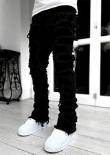 Calça jeans masculina empilhada rasgada slim fit destruída reta skinny jeans comprar usado  Enviando para Brazil