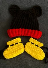 Chapéu e botinhas de bebê renascido de crochê feito à mão estilo Mickey Disney conjunto de adereço foto, usado comprar usado  Enviando para Brazil