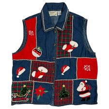 Chaleco de Navidad Vintage Denim Patchwork Talla 18 20 Jingle Bell Botones Rabieta segunda mano  Embacar hacia Mexico