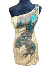 Mini vestido bordado vintage anos 90 Y2K um ombro pavão ouro lantejoulas joias 6 comprar usado  Enviando para Brazil