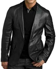 Blazer masculino de couro genuíno preto jaqueta de couro de cordeiro macia casaco de dois botões comprar usado  Enviando para Brazil