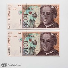 ESPAÑA: 2 x 5.000 billetes de peseta española con números de serie consecutivos. segunda mano  Embacar hacia Mexico