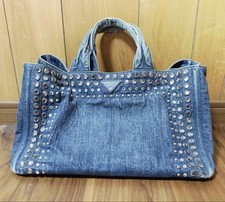 Bolsa tote PRADA Canapa frisada bolsa de mão lona denim azul índigo grande autêntica comprar usado  Enviando para Brazil