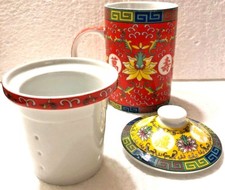 Juego de 3 piezas infusor y colador de taza de té porcelana roja amarilla con tapa 10 oz  segunda mano  Embacar hacia Mexico