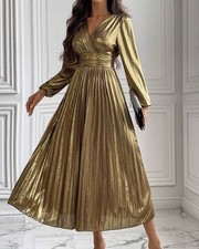 Vestido longo acordeão dourado macio metálico brilhante mangas lanterna GG novo comprar usado  Enviando para Brazil