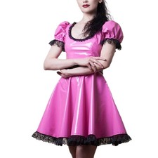 Mini vestido feminino brilhante PVC acabamento em renda linha A gola redonda manga curta comprar usado  Enviando para Brazil