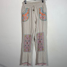 Calça feminina XL bege bordada boho hippie mola algodão cordão cintura comprar usado  Enviando para Brazil