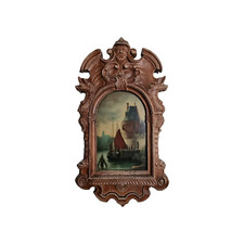 Painel de espelho antigo de madeira com pintura escondida – cena de porto holandês comprar usado  Enviando para Brazil