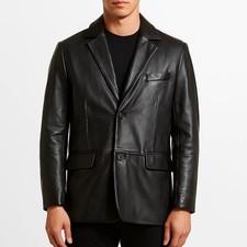 Casaco blazer masculino de couro preto – Jaqueta de trabalho genuína macia pele de cordeiro dois botões comprar usado  Enviando para Brazil