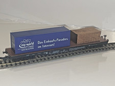 Usado, Escala H0, vagão de carga de 6 eixos, 1:87 - com bloco de madeira e contêiner, DC comprar usado  Enviando para Brazil
