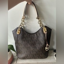Bolsa de ombro Michael Kors marrom e dourada com monograma assinatura, usado comprar usado  Enviando para Brazil