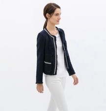Jaqueta Zara tamanho XS 8 azul marinho tweed malha texturizada cristal frisado manga longa, usado comprar usado  Enviando para Brazil