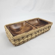 Caddy de vime vintage com tigela de madeira conjunto para servir lanche cesta anos 70 boho comprar usado  Enviando para Brazil
