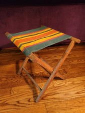 Banqueta de acampamento de madeira vintage dobrável lona acampamento cadeira de pesca listrada anos 30 anos 40 anos 50, usado comprar usado  Enviando para Brazil