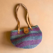 Bolsa tote de mercado vintage anos 90 tecido couro sisal aba fechada listra azul roxa comprar usado  Enviando para Brazil