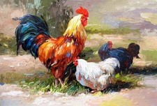 Arte pintura a óleo galo galo de aves com sua esposa galinhas em arte paisagística comprar usado  Enviando para Brazil
