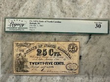 1863 Carolina do Norte Fracionário $0.25 (Cr. 143A), Legacy VF30, papel reciclado comprar usado  Enviando para Brazil
