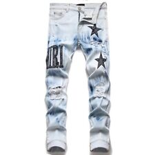 Calça jeans masculina europeia bordada patchwork rasgada marca tendência motocicleta nova comprar usado  Enviando para Brazil