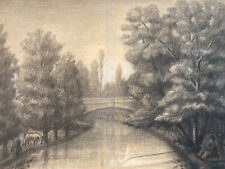 Molto Bello Disegno Gesso Grassa Carboncino Fiume Pesca 1928 Arte Grezza Antico, usado comprar usado  Enviando para Brazil