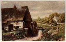 Cartão postal de arte vintage cena de vila europeia, moinho de roda d'água comprar usado  Enviando para Brazil