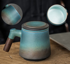 Taza de té con mango de madera de cerámica de 4,1" con infusor y tapa decoración de regalo azul vintage segunda mano  Embacar hacia Mexico