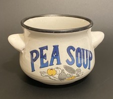 Tigela de sopa Crock/sopa de ervilha - branca e azul com acabamento preto com alças 3” vintage comprar usado  Enviando para Brazil