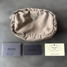 Usado, Autêntica bolsa de náilon bege PRADA com cartões autênticos logotipo triângulo bolsa cosmética comprar usado  Enviando para Brazil