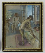 1966, Stary obraz, akt, dwie kobiety, akwarela, podpisany i datowany, 60 x 49 cm na sprzedaż  PL