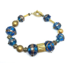 Pulseira de vidro azul com miçangas fecho alternado tom dourado 8 polegadas comprar usado  Enviando para Brazil