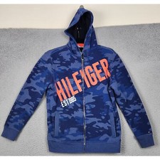 Moletom com capuz TOMMY Hilfiger juvenil grande 16-18 azul camuflagem zíper completo soletrado lã comprar usado  Enviando para Brazil