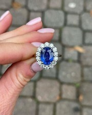 Anel de noivado de ouro branco sólido 14K com safira natural e diamante corte oval 4,39 quilates comprar usado  Enviando para Brazil