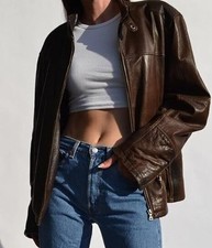 Couro feminino tamanho grande anos 90 motocicleta marrom estilo vintage bombardeiro motociclista P/M/G/XL comprar usado  Enviando para Brazil