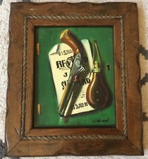 Usado, Pintura a óleo vintage fora da lei recompensa revólver mosquete arma assinada pelo artista homem caverna comprar usado  Enviando para Brazil