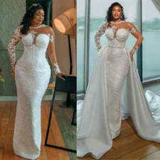 Usado, Vestido de noiva luxuoso sereia com miçangas ilusão pescoço trem destacável vestido de noiva comprar usado  Enviando para Brazil