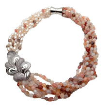 Colar pingente flor pavê ágata rosa pérola arroz branco cultivado 6 fileiras comprar usado  Enviando para Brazil