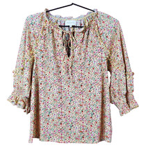 Blusa camponesa MELLODAY manga 3/4 punho manchado amarelo vermelho rosa floral babados P comprar usado  Enviando para Brazil