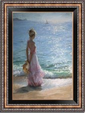 Pintura a óleo feita à mão arte impressionável feminina menina à beira-mar em tela 24x36 comprar usado  Enviando para Brazil