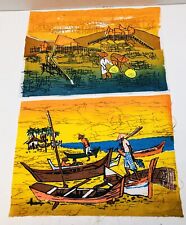 Vintage Asian Paintings x2 On Fabric Cloth Signed Unframed Island People for sale  Peru