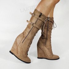 Botas de bezerro femininas vintage com zíper lateral biqueira redonda botas de salto sapatos de camurça sintética, usado comprar usado  Enviando para Brazil