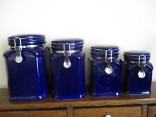 Vintage ceramic kitchen canister set, indigo blue, set of four, lids lock tight, used for sale  Shipping to South Africa