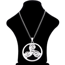 Large Celtic Triskele Triple Spiral Round Pendant Necklace on Long Curb Chain for sale  Shipping to South Africa