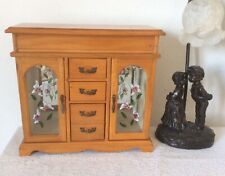 Vintage Wooden Wardrobe Style Jewellery Box 2 Floral Image Glass Doors & Drawers for sale  NORWICH